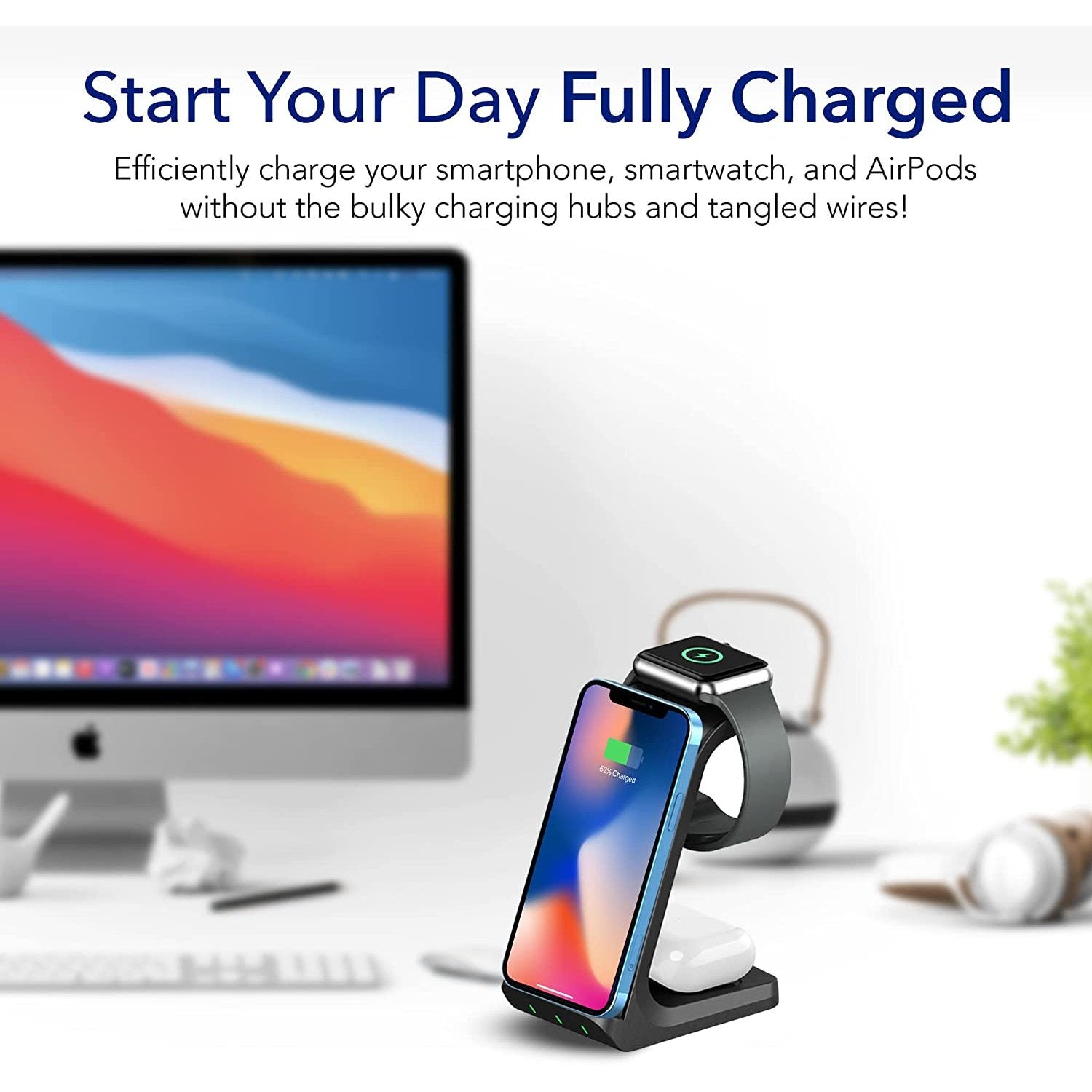 3-in-1 Charger Stand Multi Device Wireless Charging Dock Station compatible with Apple iPhone, Samsung, Android, iWatch, Airpods, Google Pixel
