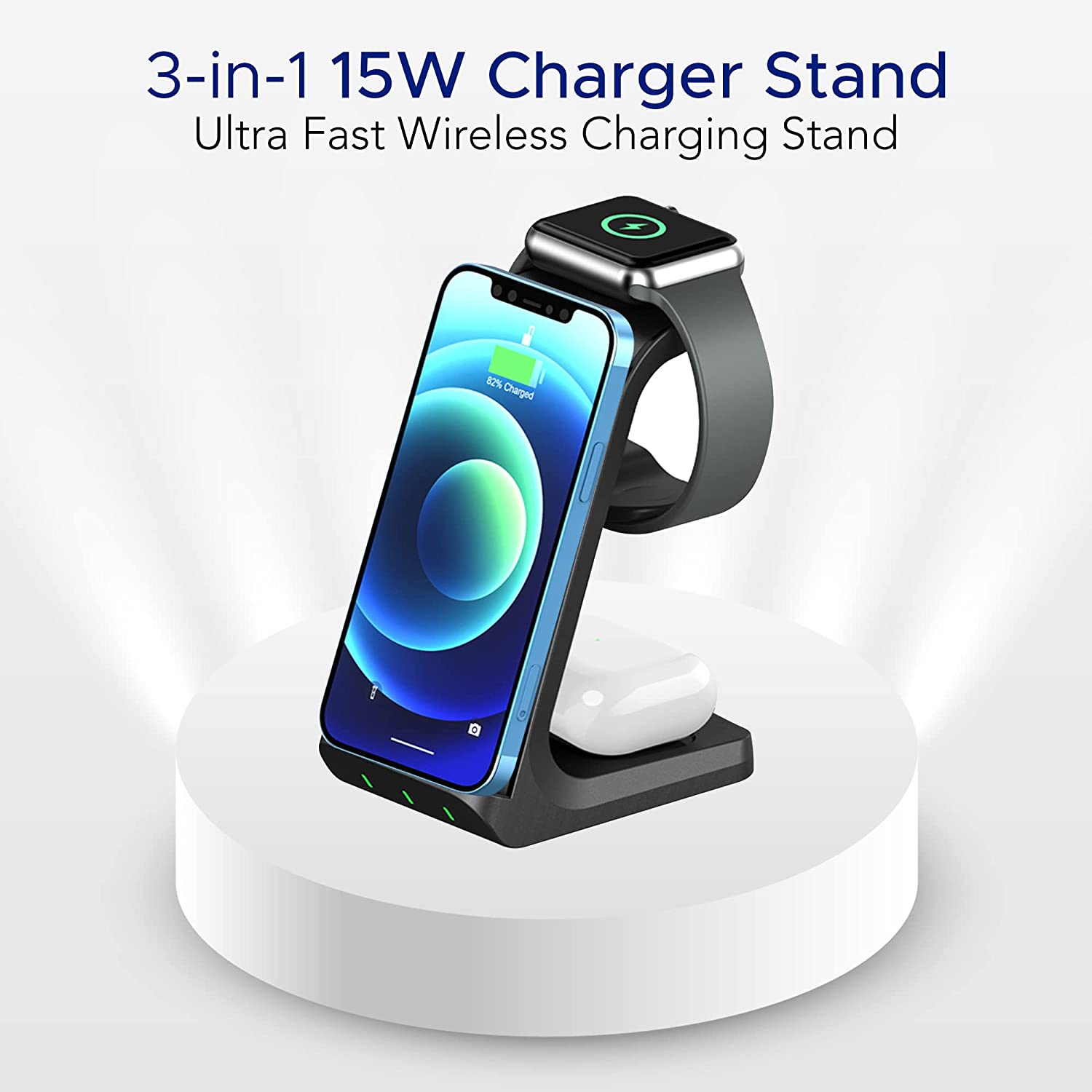 3-in-1 Charger Stand Multi Device Wireless Charging Dock Station compatible with Apple iPhone, Samsung, Android, iWatch, Airpods, Google Pixel