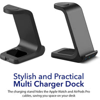 Thumbnail for 3-in-1 Charger Stand Multi Device Wireless Charging Dock Station compatible with Apple iPhone, Samsung, Android, iWatch, Airpods, Google Pixel