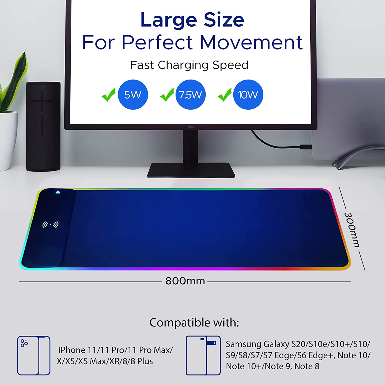 Mouse Pad with Wireless Smartphone Charger | Charging Dock Station & RGB Lights