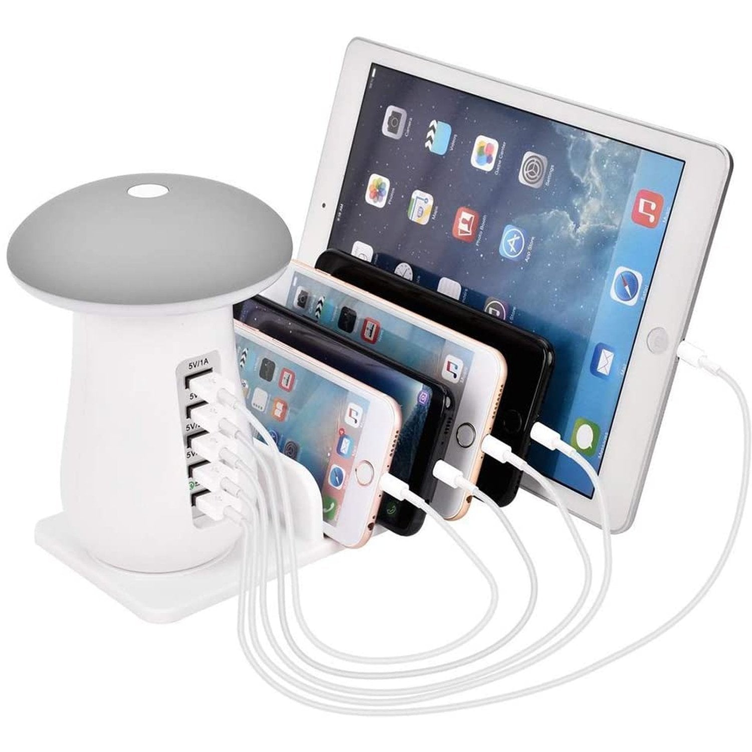 Multi Port Mushroom Lamp Charging Dock Station Phone Charger for Apple iPhone, Apple iPad, Samsung Galaxy and Note, Google Pixel, LG, HTC, Microsoft